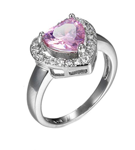 SumBonum 925 Sterling Silver Created Pink Topaz Filled Halo Heart Promise Ring for Her,Size 8