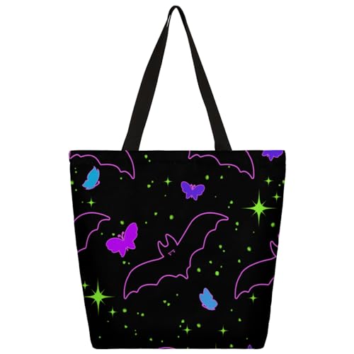 Mularoka Polka Dot Butterfly Bat Hand Painted Large Capacity Canvas Tote Bag Stylish Handheld Shoulder Bag Reusable Shopping Bag for Work Travel Beach Trips Shopping