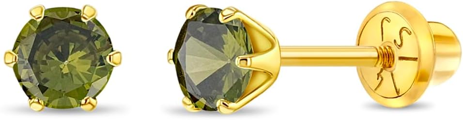 In Season Jewelry Solitaire Round Simulated Birthstone Kids Earrings - 14k Yellow Gold Earrings for Girls with Secure Screw Backs - Safe & Comfortable for Kids & Little Girls