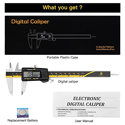 Digital Caliper, M Moock 6 Inch Digital Micrometer Vernier Caliper Measuring Tool With Large Lcd Screen, Stainless Steel Body, Inch/Millimeter/Fractions Conversion, Yellow #TOP6