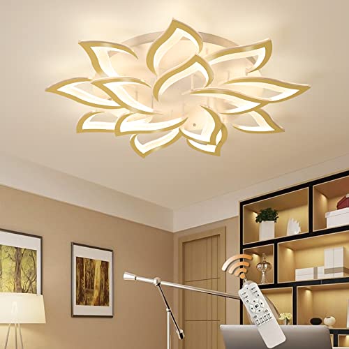 Garwarm Dimmable LED Ceiling Lights, Modern Gold Flush Mount Ceiling Lamp with Remote, Metal Flower Shape LED Chandelier Lighting Fixture for Living Room Bedroom Kitchen (98W)