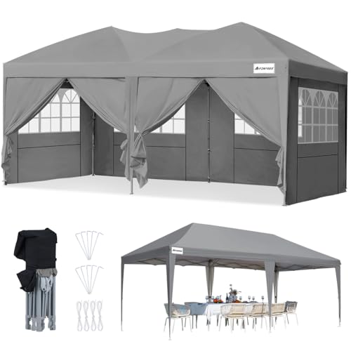 Finfree Pavillon Partyzelt 3x6 wasserdicht stabil, Faltpavillon 3x6m mit 6 Seitenwänden, Pop up Gartenpavillon mitTragetasche, für Party im Freien, Hochzeiten, Fest, UV 50+, Grau, KK1205-4