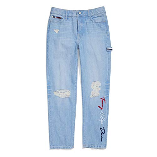 Tommy Hilfiger Women's Adaptive Boyfriend Jeans with Adjustable Waist and Magnet Buttons, Light WASH, 16