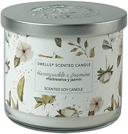 Smells - Premium Soy Wax Round Jar Scented Candle 16oz. - 100% Cotton 3-Wicks - Fragrance That Eliminates Home and Office Odors: Food, Pets, Smoke and Others (1-Pack, Honeysuckle & Jasmine)
