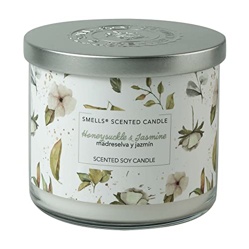 Smells - Premium Soy Wax Round Jar Scented Candle 16Oz. - 100% Cotton 3-Wicks - Fragrance That Eliminates Home And Office Odors: Food, Pets, Smoke And Others (1-Pack, Honeysuckle & Jasmine) #TOP28
