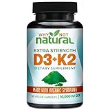 Why Not Natural Vitamin D3 K2 (MK-7) with Organic Spirulina, 10000 IU Extra Strength Supplement in Veggie Capsules, Supports Bone Health, Immune System and Mood
