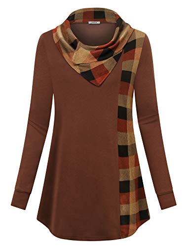 Tunic Sweaters for Women, Youtalia Ladies Tops for Leggings Warm Cowl Neck Hoodie Shirt Fashion Check Contrast Stretchy Pullover Sweatshirts Red Brown Medium