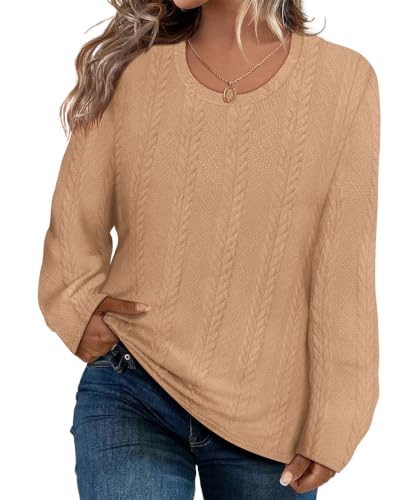 Image of CARCOS Womens Plus Size Tops Basic Fall Cable Knit Sweaters Long Sleeve Shirts Crewneck Lightweight Tunic Tops XL-5XL
