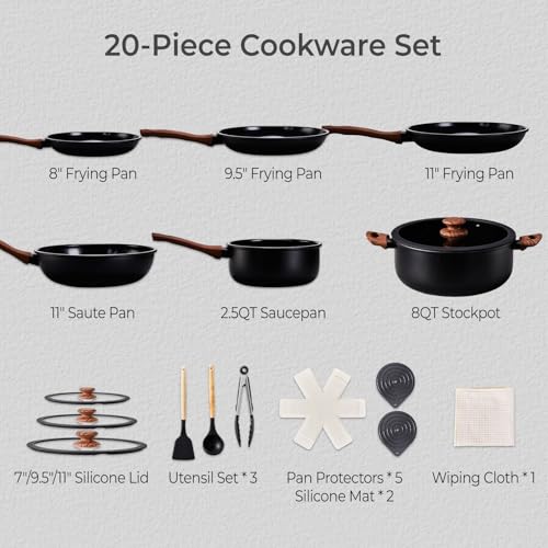 ROVSUN 20 Pcs Nonstick Pots and Pans Set, Cast Aluminum Kitchen Cookware Set, RV Kitchen Cooking Set and Utensils, Dishwasher Safe, PFAS PFOA & PFOS Free, Black - Image 3