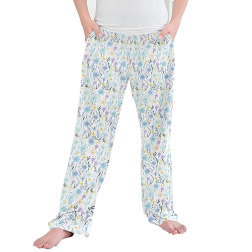 Boho Flowers Long Pajama Pants Elastic Waist PJ Bottoms with Pockets S A113199