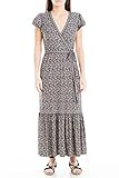Max Studio Women's Short Sleeve Midi Crepe Jersey Wrap Dress, Black/Blush Iris Curl