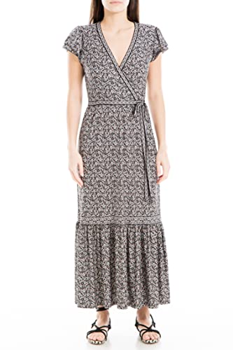 Max Studio Women's Short Sleeve Midi Crepe Jersey Wrap Dress, Black/Blush Iris Curl #TOP29