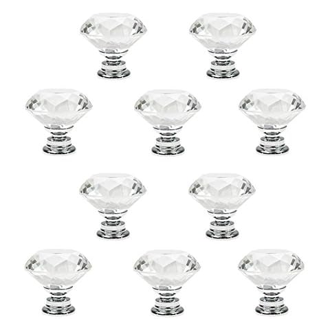 PAPRMA Crystal Glass Cabinet Knobs, Crystal knobs,10 Pcs 30mm Diamond Shape Pulls Handles for Drawer Kitchen Cabinets Dresser Cupboard Wardrobe, Clear (Silver White) Cover