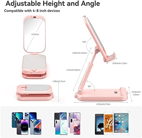 Składany Stojak na Telefon Komórkowy na Biurko, z Lusterkiem do Makijażu, Uchwytem na Telefon 2 w 1, Regulowaną Wysokością Kąta do iPhone 15 14 Pro Max 13 Mini 12 Xr 11, Smartfona 4-8'' (Różowy)