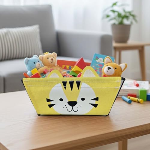 Image of Go Hooked Cute Yellow Tiger Design Storage Basket for Kids | Strong Metal Wire Organizer with Detachable Fabric Liner | Multipurpose Basket for Toys, Fruits, Snacks, Bathroom, Wardrobe & Home Decor