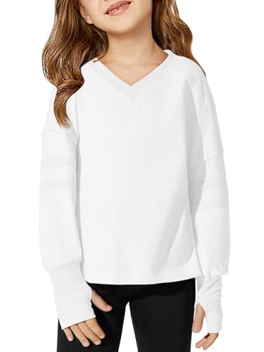Image of Haloumoning Girls Oversized Long Sleeve T Shirts Kids Casual V Neck Cute Tops Basic Tees with Thumb Holes 4-14Y
