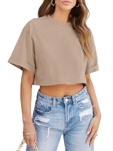Image of Tankaneo Women Crop T-Shirts Half Sleeve Drop Shoulder Cropped Tops Y2K Casual Summer Basic Tees