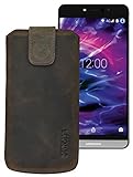 Suncase ECHT Ledertasche Leder Etui für Medion Life X5004 Tasche (mit Rückzugsfunktion & Klettverschluss) antik-Dark braun