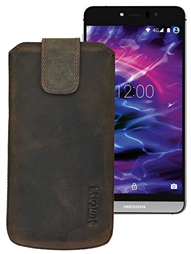 Suncase ECHT Ledertasche Leder Etui für Medion Life X5004 Tasche (mit Rückzugsfunktion & Klettverschluss) antik-Dark braun