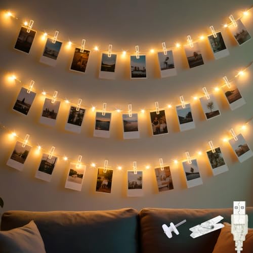 Slochi - Guirlande lumineuse à 120 LED avec pinces à linge, 12 m, alimentée par USB, avec 60 pinces, câble en...