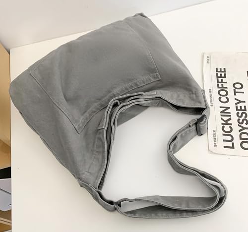 Image of Cotton Tote Handbag Women Canvas Crossbody Beach Bag Hobo Shoulder Tote Bag with 3 External Pocket,Zipper Closure
