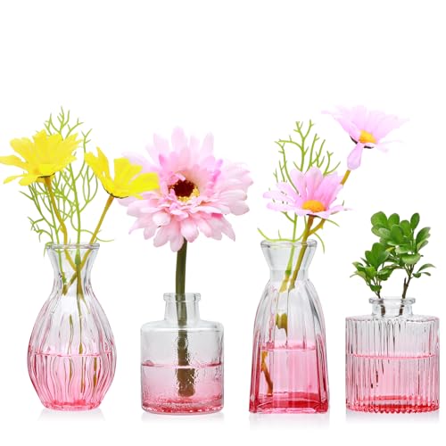 Mapoxy Glass Bud Vases Set of 4,Small Pink Flower Vases for Wedding Centerpiece Table Decorations,Clear Vintage Embossed Mini Vases,Flower Arrangements in Vases for Party or Home Decor