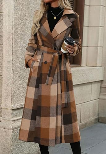 ebossy Women's Elegant Wool Plaid Notch Lapel Double Breasted Maxi Woolen Overcoat Belted Peacoat with Pockets2