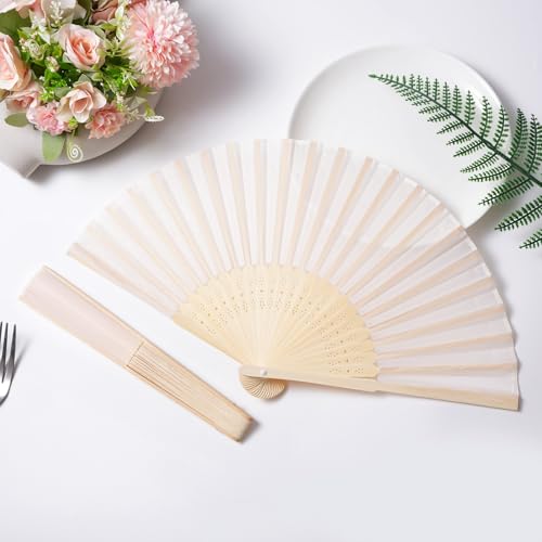 Sepwedd 50pcs Cream-Coloured Imitated Silk Fabric Bamboo Folded Hand Fan Bridal Dancing Props Church Wedding Party Favors with Organza Bags