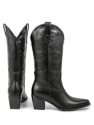 Image of Pasuot Cowboy Boots for Women - Cowgirl Western Mid Calf Boots with Embroidery, Pointed Toe Retro Chunky Heel Slip On Fashion Classic Short Boots Pull On for Ladies Summer Fall