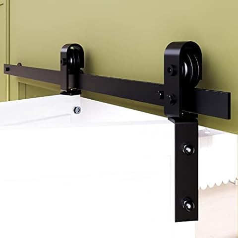 SMARTSMITH 38” Bi-Folding Barn Sliding Door Hardware J Shape Mount t Track Kit, Upgraded Standard Size Door Based Design, Heavy Duty Side Mounted Black Roller Fit 2x18" Door Panels, Doors not Included Cover
