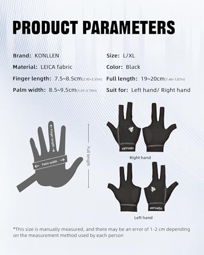 KONLLEN Billiards Gloves for Left Hand/Right Hand L/XL Pool Gloves Professional Non-Slip Adjustable Breathable Snooker Gloves Popular Sizes for Men & Women