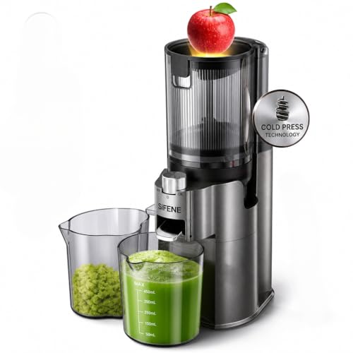 Image of SIFENE Cold Press Masticating Juicer for Whole Produce, 100mm Chute, Gray | 600ml juice cup and 800ml pulp cup, 60 RPM slow squeeze, reverse function, BPA-free food-contact parts, apple and celery prep