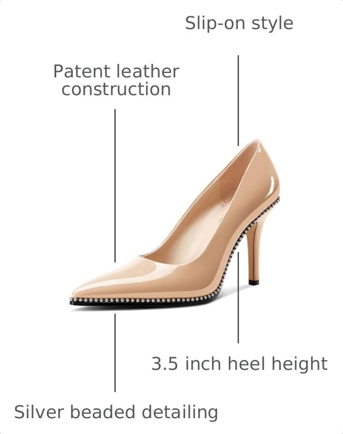 Image of TNYNFBEB Womens Stiletto Mid Heel Pointed Toe Pumps Slip-on Sliver Beaded Prom Wedding Dress Basic Classic Patent Leather 3.5 Inches Heels