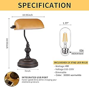 Bank Desk Lamp Touch Control Vintage Bankers Lamps with USB Port 3 Way Dimmable Desk Lamp Farmhouse Library Desk Lamp Oil Rubbed Bronze for Office Study Room