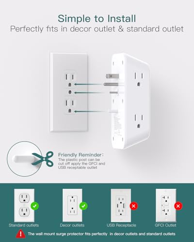 Image of Addtam 6-Outlet Extender Surge Protector, Multi Plug Wall Outlet with 4 USB Wall Charger(2 USB C Ports), Plug Extension Outlet with 1800J, Outlet Splitter Power Strip for Home Office, 2 Pack, White