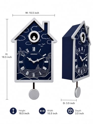 Image of CHRONIKLE Modern Stylish Non Ticking Silent Analog Hut Shape Wooden Cuckoo Wall Clock for Home, Living Room, Bedroom, Office, and Kitchen (Blue) (18 x 10 Inch : Weight - 2350 Grm)