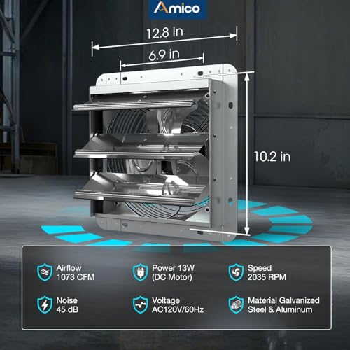 Amico 10" Smart Shutter Exhaust Fan with Thermostat & 8 Speed, 1073 CFM (Up to 1400 Sq.Ft),13W Ultra-Efficient DC Motor, Wall Mount Garage/Attic/Greenhouse/Kitchen Vent Fan, Plug & Play, FCC by Amico - Used condition - Image 6