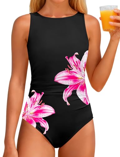 Image of CRISONE Girls Swimsuit High Neck Girls Bathing Suit Cross Back Ruched Gradien One Piece Girl Swimwear 9-16Y
