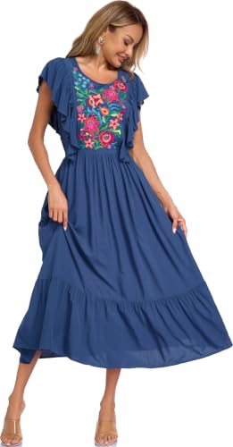 Image of Women's Summer Maxi Dress Casual Floral Embroidered Round Neck Short Sleeve Ruffle Tiered Dress Flowy Boho Beach Sundress