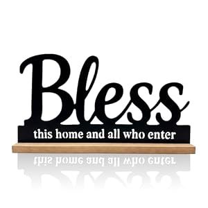 Metal Bless This Home Sign for Tabletop Decor,Black Bless Words Sign with Wooden Base,11.6inch-Long Desktop and Fireplace mantels Decoration Housewarming Gift.