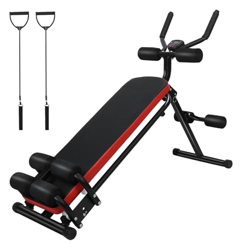 foulezre Ab Exercise Bench for Total Body Workout, Adjustable Fitness Equipment for Home use, Metal Construction, with Abrasion-Resistant Resistance Bands, 150 kg Load Capacity Red Black
