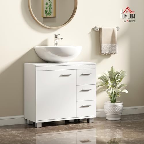 Meuble sous lavabo blanc 3 tiroirs découpe U, HOMCOM
