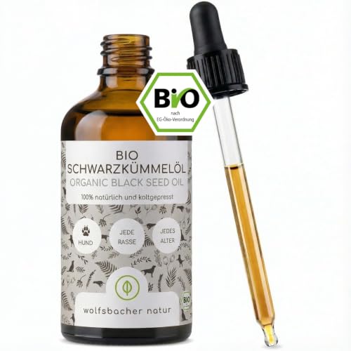 Produktfoto von Bio Schwarzkümmelöl für Hunde 100ml - kaltgepresst 100% biologischer Anbau, in Glasflasche mit Glaspipette - pures&hellip;
