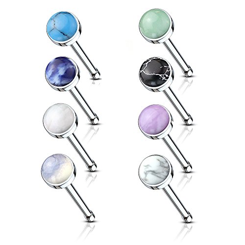 MoBody 8 Piece Nose Ring Stud Set 20G Surgical Steel Stone Nose Bone Piercing Screws Value Pack (0.8mm)