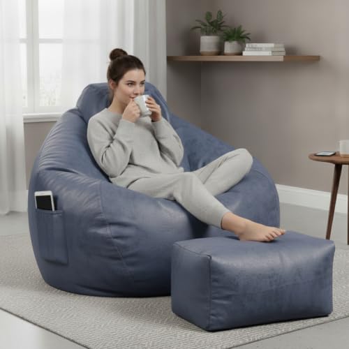 Image of KAM'S LIEU 5XL Premium Imported Suede Bean Bag Chair with Footrest & Cushion | Filled with High Density Polystyrene Beans | Premium Soft Fabric | Ready to Use Color- (Navy Blue, 5XL)