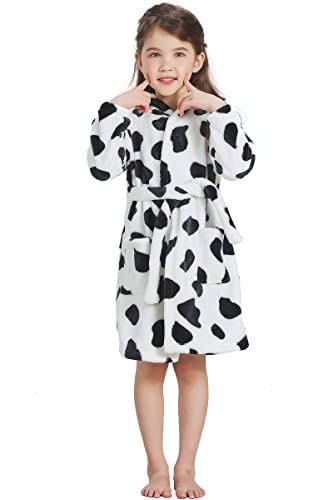 Echery Boys Girls Hooded Pajamas Soft Coral Fleece Bathrobe Unisex Dressing Gown Sleepwear (110/3T-4T,Height:39.37", Cow Print) #TOP1