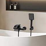 TONFEION Badewannenarmatur Schwarz, Wandmontage Mischbatterie Badewanne mit Handbrause, Wasserfall Wasserhahn Duschset, Duscharmatur für Hotels, Badeanstalten