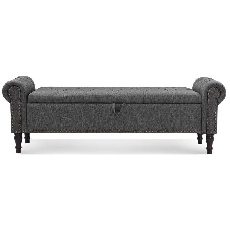 Image of 3-Seater Upholstered Ottoman Bench with Storage | Grey |62.4 x 20.1 x 20.7 Inch| Elegant Multi-Purpose with 6-Inch Wooden Legs for Living Room, Bedroom, Entryway