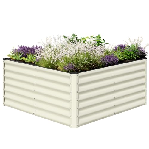 SnugNiture Galvanized Raised Garden Bed 4x4x2FT Outdoor Large Metal Planter Box Steel Kit for Planting Vegetables Flowers Beige White