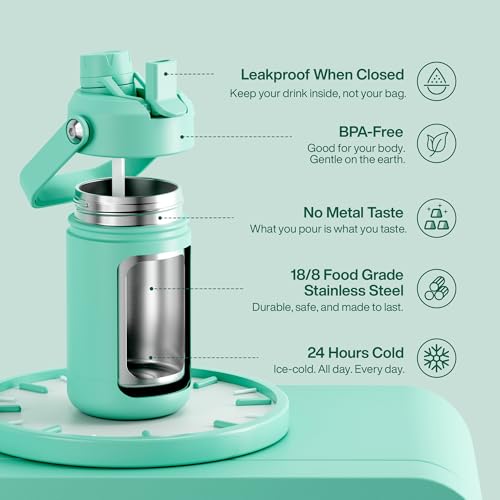 Image of Kids Insulated Water Bottle with Straw - 12oz Stainless Steel Water Bottle with Dual Spouts, Leak-Proof, BPA-Free, Double Wall Vacuum Keeps Cold for 24 Hours for Sports, Travel, School (Brook Green)